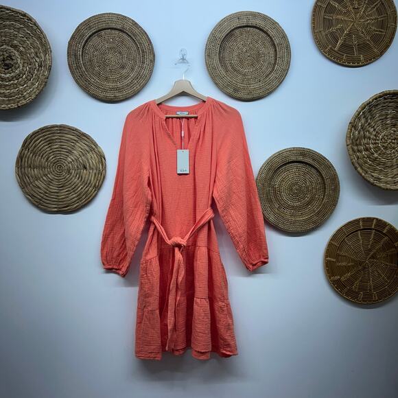 NEW $228 Rails Aureta Mini Dress Medium Cotton Gauzy Long Sleeve Belted Summer - Picture 2 of 7